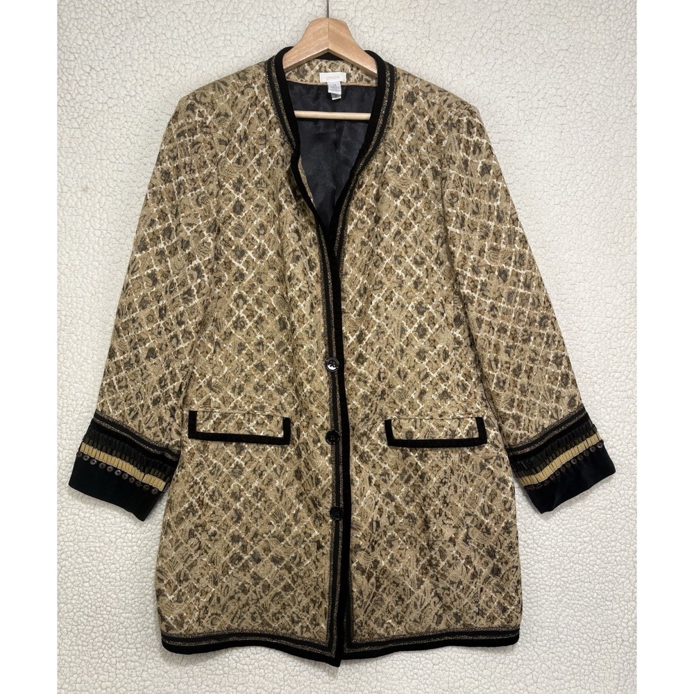 Chicos Tapestry Jacket Size 3 Jacquard Mixed Media Beaded Metallic Velvet Long
